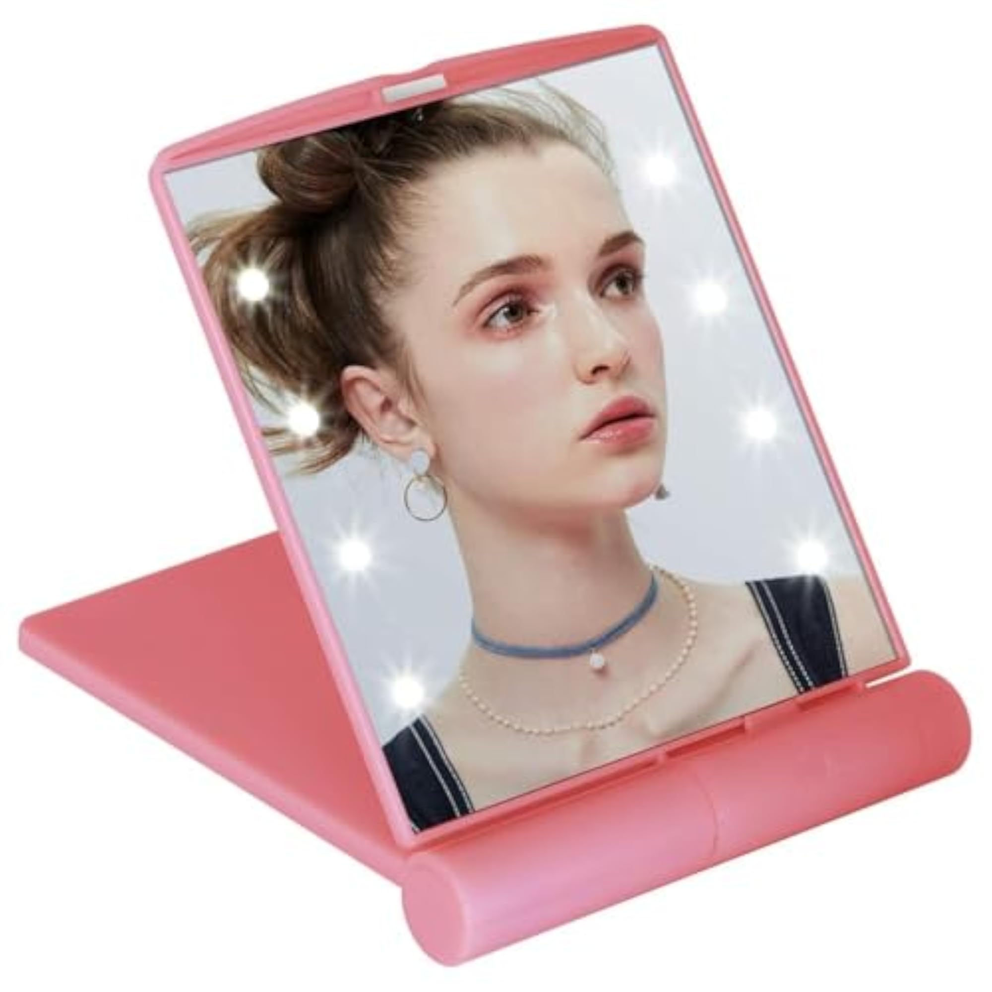 LED Makeup Mirror with 8 Bright Lights, Portable Folding Cosmetic Hand Mirror