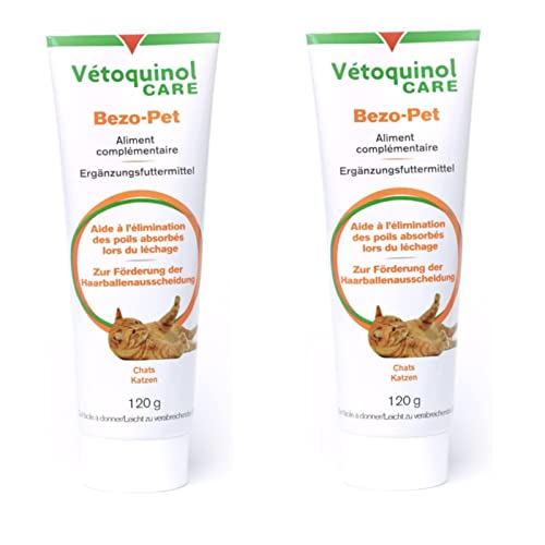 Vetoquinol Bezo-Pet Paste | Doppelpack | 2 x 120g | Ergänzungsfuttermittel für Hunde und Katzen | Kann dabei helfen zur Förderung der Haarballenausscheidung beizutragen | Mit Malz