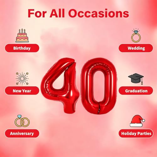 Image of Number Balloons Red Party Balloon - 40 Inch Large Number 40 Balloon, Numbers Balloon Birthday Decorations, Red Party Supplies for Anniversary
