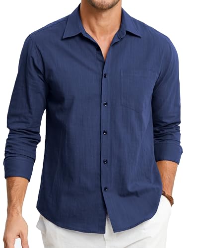 HISDERN Chemises en Lin pour Homme Bleu Marine Manches Longues Décontractée Boutonnées Légères Été Chemise Coupe Régulière de Plage Casual Shirts L