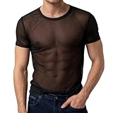 YINYOUYU Mens Mesh Shirt See Through Top Sexy Muscle Tee Lounge Short Sleeves Sheer Breathable T-Shirt Clubwear M Black