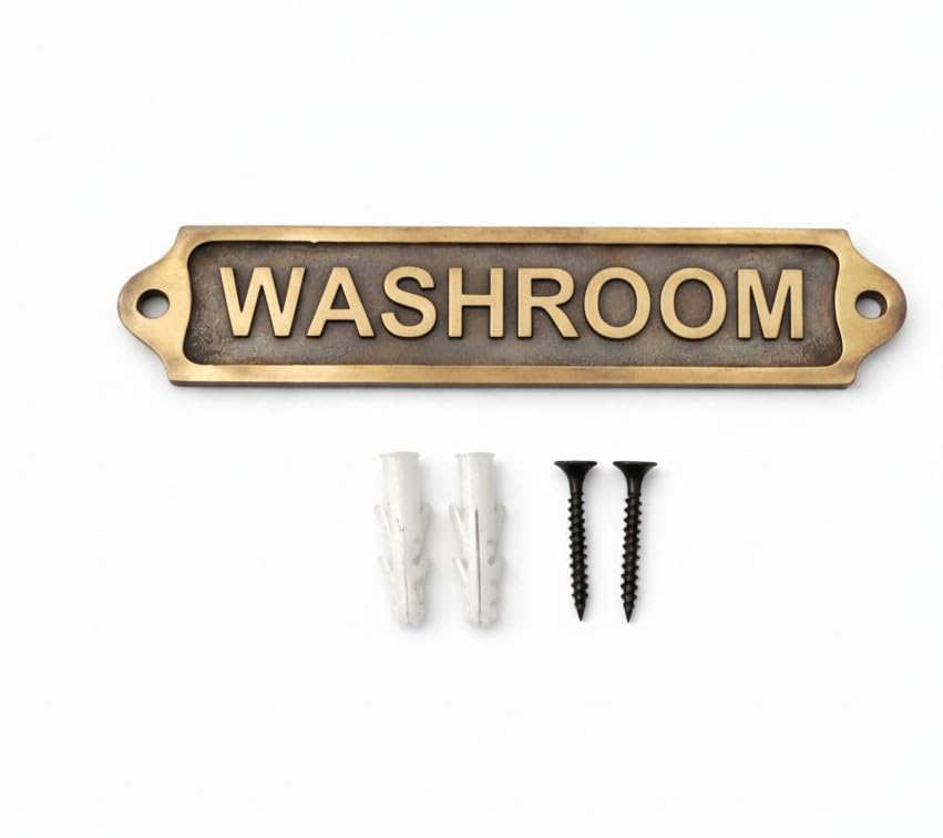 WASHROOM Antique Effect Door Plaque Sign | Vintage Style Metal Toilet Door Sign with Raised Lettering | Wall & Door Name Plate for Home Office Public Areas | 21.5 x 4.5 cm | WASHROOM