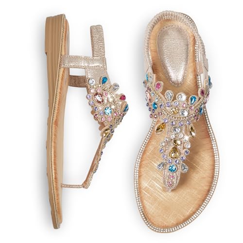 Image of iCKER Women Flat Thong Sandals Rhinestone Sparkly Boho Elastic Ankle Strap | Non‑slip,Matches Summer Dresses,for Vacation,Wedding,Evening and Festival