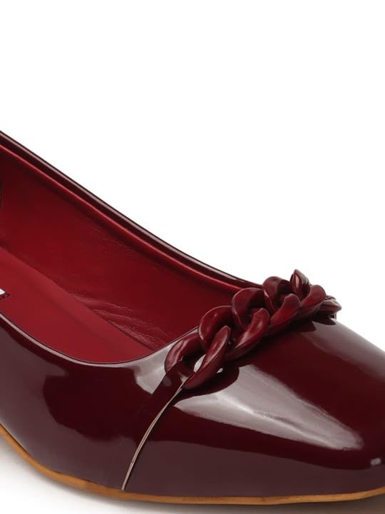 Image of ELLE Women's Square Toe Block Heels Slip-On Pumps with Chain Detail