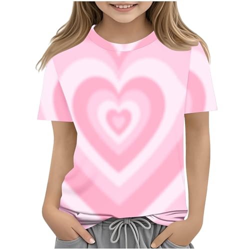 Girls Rainbow Heart Print Short Sleeve T Shirts Basic Kids Summer Tops Loose Crewneck Cute Tees for Boys 3-14 Years
