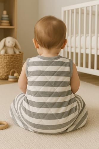 Image of TuddyBuddy Baby Cotton Wearable Quilted Sleeping Bag Blanket 1.5 Tog with 1 Way Zipper Closure | Ideal for Babies & Kids Hypoallergenic Fabrics | (Grey Stripes, 0-6 Months)