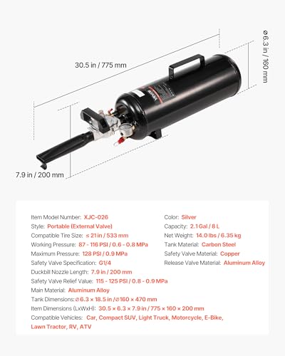 Image of VEVOR Portable Tire Bead Seater, 2.1 Gal / 8 L Air Bead Blaster, Handheld Tire Inflator Tool, 87-116 PSI Operating Pressure, Trigger Seating Inflator for Car, Compact SUV, Light Truck, E-Bike, RV, ATV