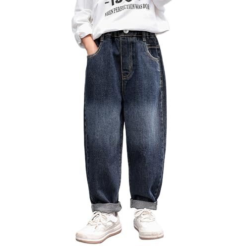 Boys Baggy Jeans, Dark Wash Denim Trousers, Loose Fit Kids Pants with Back Pocket Lettering & Cuffed Bottoms2