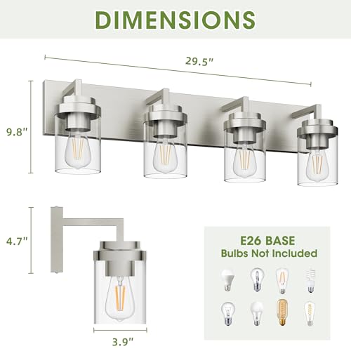 Image of Bathroom Lighting Fixtures, 4-Light Bathroom Vanity Lights Over Mirror, Brushed Nickel Vanity Light with Glass Shade, Modern Vanity Lighting Fixtures for Bathroom, Bedroom, Hallway