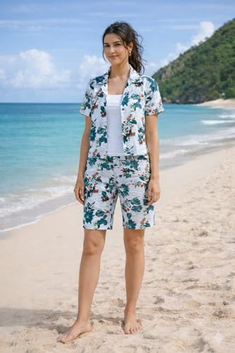 Image of Zilcon Woman Cotton Floral Printed Co-Ord Set - Short Sleeve Shirt with Matching Shorts, Lightweight Breathable Summer Outfit, Beach Vacation Casual Wear