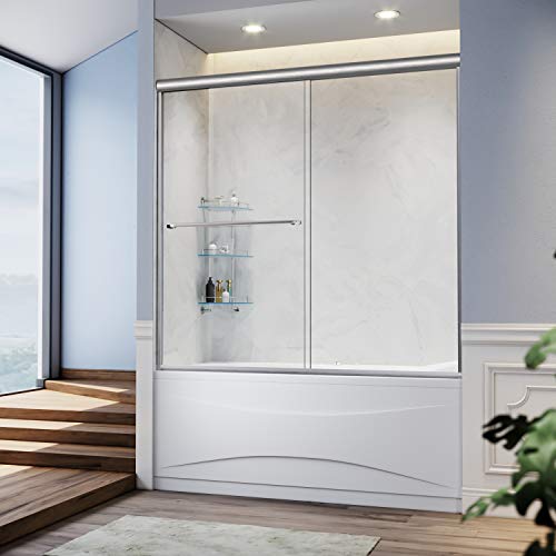 SUNNY SHOWER Glass Sliding Shower Door for Bathtub 60 W x 57.4 H inches Double Sliding Shower Bath-Tub Door 1/4 inches Clear Glass Shower Enclosure Doors for Bathroom with Brushed Nickel Finish