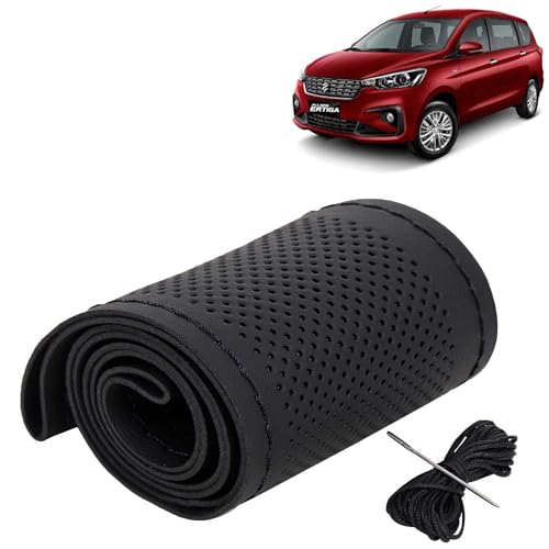Image of KINGSWAY PU Leatherite Car Steering Cover Sewable Compatible with Maruti Suzuki Ertiga (Year 2018-2022), Black Color with Black Thread, Pack of 1 with Sewing Needle and Thread