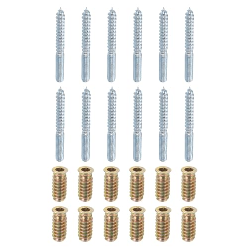 Image of uxcell M6x60mm Hanger Bolts, 12pcs 31mm Wood Dowel Screw Self-Tapping Screw with 12pcs M6x24mm Threaded Insert Nuts Interface Hex Socket Drive, for Joint Furniture Legs
