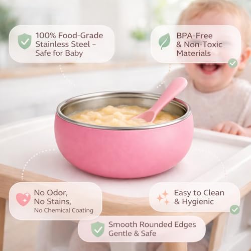 Image of Premium Stainless Steel Baby Feeding Bowl with Soft Silicone Cover | Non-Slip Grip, BPA Free & Food-Grade | Safe Feeding Bowl for Infants & Toddlers | Durable, Easy to Clean (Pastel Pink)