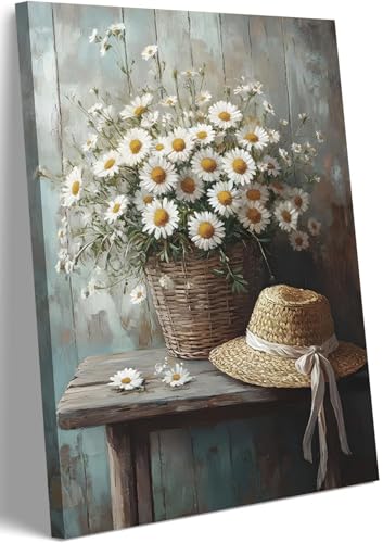 Image of WBNJXNZ Rustic Farmhouse Daisy Floral Canvas Wall Art Vintage Country Floral Wall Decor Flower Still Life Botanical Straw Hat Prints Artwork For Living Room Bedroom Bathroom Home Decoration