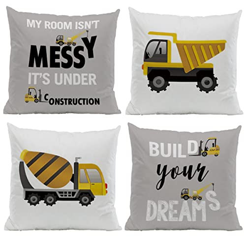 Image of ZJSYXXU Construction Truck Kids Pillow Covers - Construction Room Decor for Boys, Construction Toddler Bedding Decorative Throw Pillows Cover for Bedroom Playroom, 18x18 Pillow Cover Set of 4