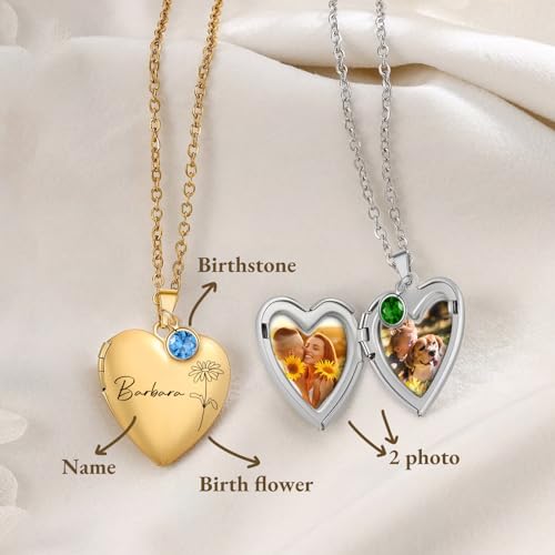 Personalized Heart Necklace with Picture inside Custom Locket Necklace for Women Engraved Birth Flower Text for Heart Locket Necklace Gold/Silver/Rose Gold Christmas Birthday Gifts3