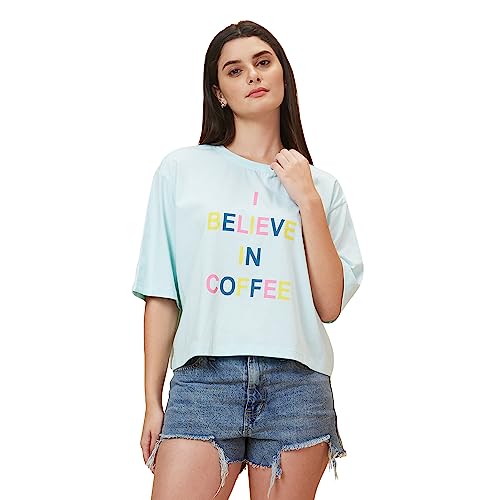 Image of Globus Women Blue Printed Round Neck Casual Boxy Fit T-shirt-3638180001