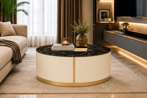 Image of Marble Top Royal Crest Round Center Table | Premium Marble Top Coffee Table for Living Room | Modern Luxury Design 30x30x15.5 Inch (Ivory)