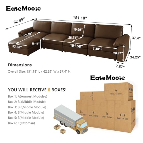 Image of EASE MOOSE Oversized Modular Sectional Sofa,Leather Sectional Couch with Deep Seat,Extra Large L Shaped Couch,Classic Comfy Scratch Resistant Faux Leather Material Sofa for Living Room,Deep Brown