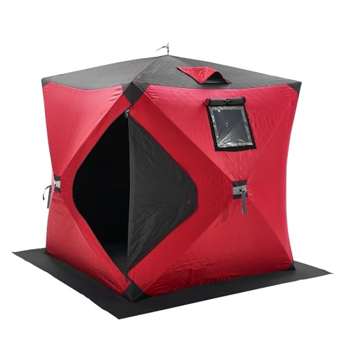 VEVOR Portable Ice Shelter, 1-2 Person Insulated Pop-Up Tent, 24sq ft Interior Space, Hub-Style Shanty for Winter, Includes Anchors, Ropes, Carrying Bag, 60'x60', Red