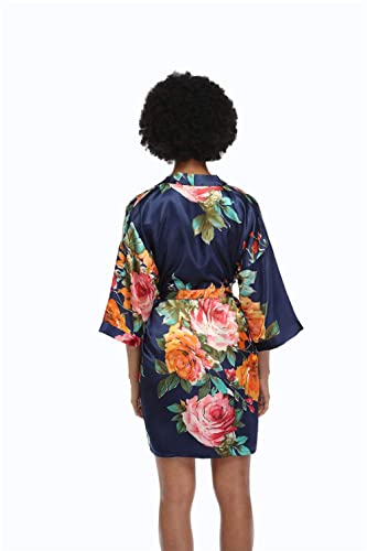 Missnina Women's Floral Satin Kimono Robes Short Silky Bridesmaid Robes Sleepwear Navy #TOP2