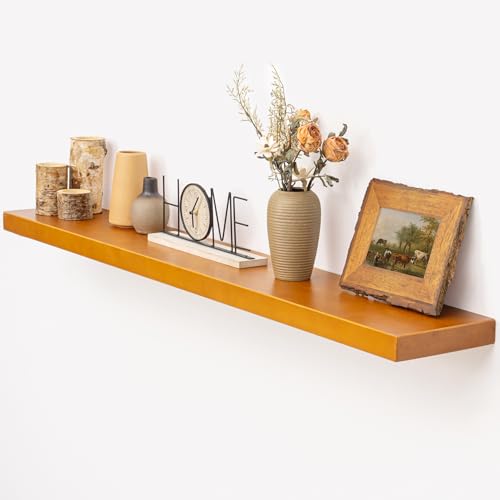 Image of Marsmiles 48 Inch Wood Floating Shelves | Rustic Honey Oak Wall Shelves Set of 2 | 48 inch W x 7.7 inch D x 1.6 inch H Wooden Shelves for Bathroom Living Room Kitchen