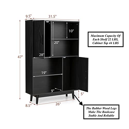Black Storage Cabinet Sideboard Bookcase Bookshelf Cupboard Multiple Storage Options With 2 Doors Cabinet 4 Open Storage 31.5Inch X 9.5Inch X 47Inch (L X W X H) #TOP1