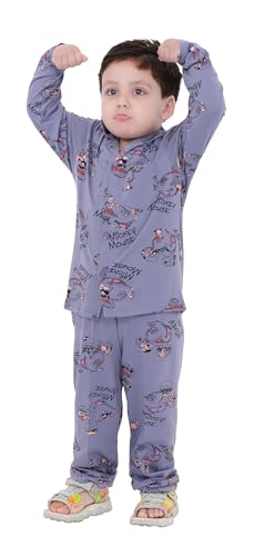 Image of TONY & JONY Summer Casual Wear Self Design Cartoons Printed Full Sleeve 100% Pure Cotton Kid's Top Bottom Set /Night Suit