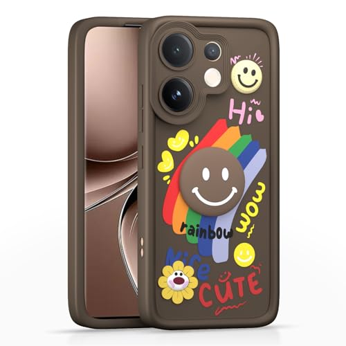 Image of Pikkme Back Cover for Vivo V60 5G / Vivo T4 Pro 5G | Soft Silicone| Cute Rainbow Smile & 3D Cartoon Flower Design | Shockproof Raised Camera Protection Bumper Case (Brown)