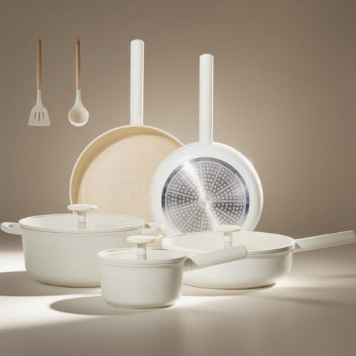 Image of JEETEE Ceramic Cookware Set, 15 PCS Pots and Pans Set Non Stick with Removable Handles, Non Toxic Induction Kitchen Cookware Sets, Oven Safe PFAS/PFOA Free Cream