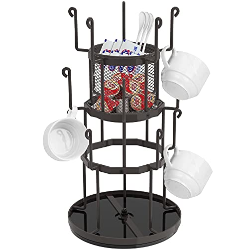 360 Rotating Coffee Mug Holder, Auledio 3 Tier Mug Tree Stand for Counter, Metal Tea Cup Rack Holder Tabletop Mug display Rack, Holds 15 Mugs, Bronze