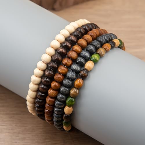 Set de 5 pulseras unisex de cuentas de madera Bohemia miniatura 3