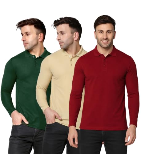 Image of INKKR Men's Soild Full Sleeve Polo Neck T-Shirt Combo