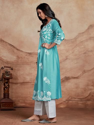 Image of EthnicJunction Women's Silk Blend Regular Fit Chikankari Embroidered Naira Cut Kurta