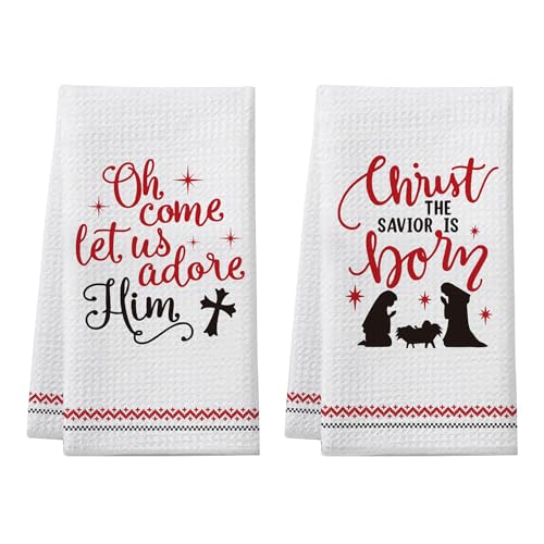 Christmas Christian Gifts for Women Men, Christmas Kitchen Bathroom Decorations, 2 Pack Bible Verse Scripture Kitchen Towels, Religious Hand Towels, for Christians Friends Coworkers