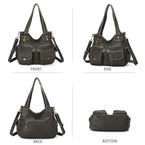 Image of Purses Women Handbags Large Double Zipper Multi Pocket Washed Shoulder Bags Purse with compartments Designer