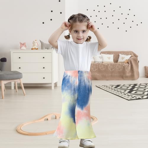 3 Pack Baby Girl Pants Tie-Dye Toddler Girls Flare Pants Newborn Bell Bottoms Ruffled Ribbed Knite Toddler Leggings4