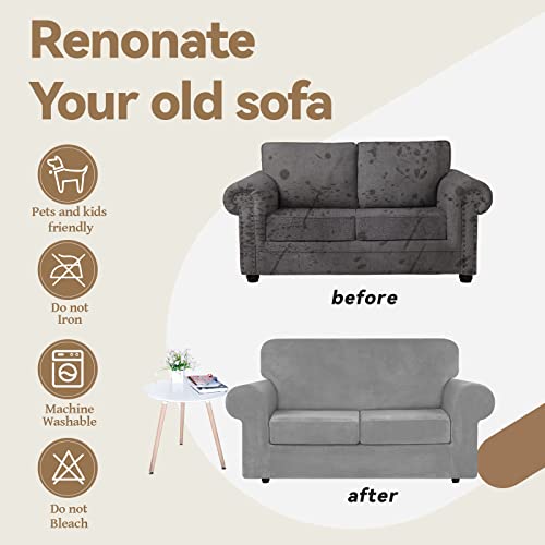 Weerrw Velvet Couch Covers For 2 Cushion Couch Sofa - High Stretch Luxury Velvet Plush 3 Pieces Sofa Slipcovers With Elastic Bottom, Furniture Protector For Pets, Machine Washable, Silver Grey, Medium #TOP4