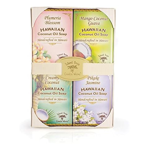 Island Soap & Candle Works Scented Coconut Soap Sample Pack, Four 2oz. Bars, Creamy Coconut, Plumeria, Pikake, Mango Coconut Guava Cover