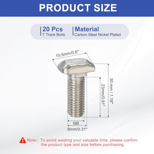 Image of PATIKIL M8 x 25 mm Thread T-Slot Bolts, 20 Pcs Drop-in Bolt Hammer Head T-Bolt Standard 8 mm Sliding Screw Stud for 30 Series Aluminum Extrusion Profile, Silver