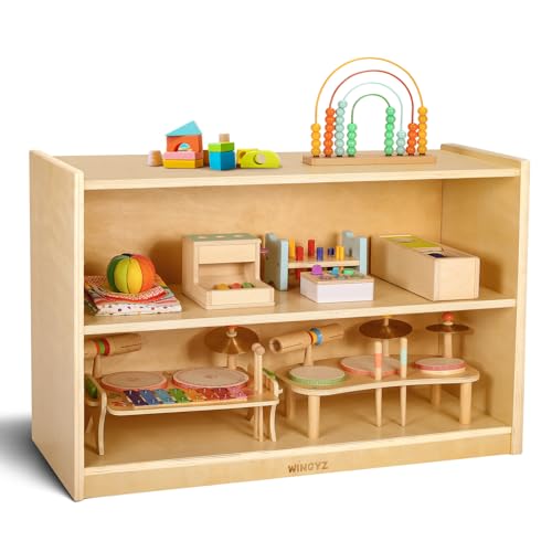 Image of wingyz Wooden Storage Cabinet, 2-Tier Kids Toy Storage Organizer, Spacious Montessori Kids Bookshelf, Toy Shelf Storage Organizer for Playroom Classroom Nursery Study Room Living Room