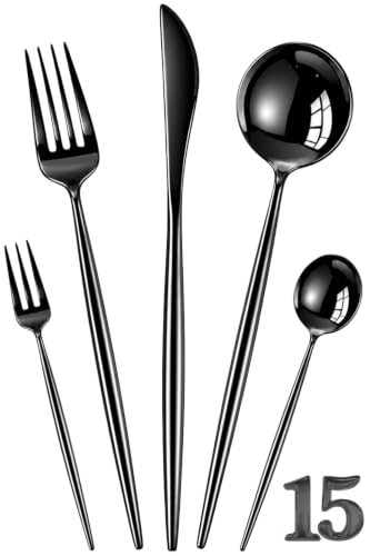 Image of Slim Handle Black 15 Pcs Stainless Steel Cutlery Set for Dining Table, Dishwasher Safe Glossy Flatware (3 Spoon Set+3 Forks Set+3 Butter Knife+3 Dessert Spoon+ 3 Fruit Fork)