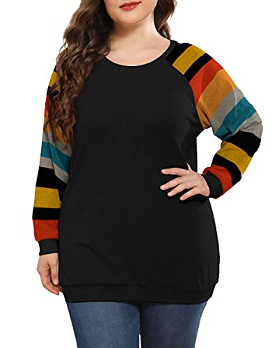 POSESHE Women's Plus Size Tops Long Sleeves Shirts Color Block Blouses Round Neck Loose Fit Tunics,Red Yellow Stripe Sleeve,3X-Large