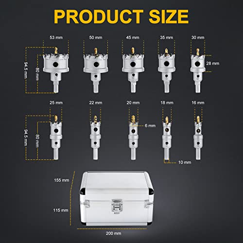 Wichemi 10Pcs Tct Hole Saw Kit Tungsten Carbide Tipped Hole Cutter Set Heavy Duty Hole Saw Hole Cutting Drill Bit For Stainless Steel Copper Iron Aluminum Iron Metal Plate 5/8" To 2-1/8" Inch #TOP3