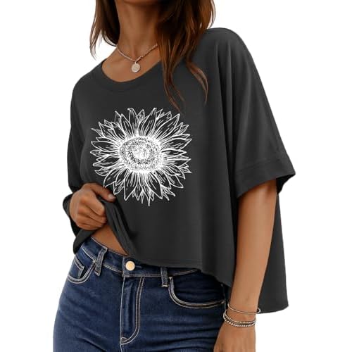 rosemia Oversized Tshirts for Women Summer Graphic Half Sleeve Crop Tops Casual Blouses, Deep Grey Flowers, S