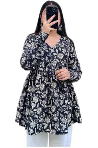 Image of Women's Floral Print Reyon Peplum Top - Casual Loose Fit 3 /4 Sleeve Tunic top, Stylish V-Neck Flared Kurti, Comfortable Everyday Wear