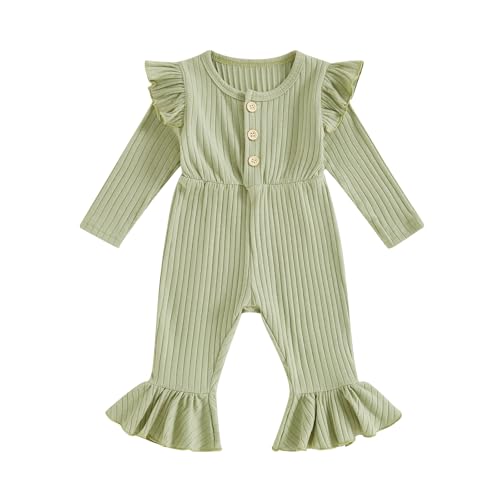 Image of MA&BABY Toddler Girl Fall Ribbed Romper Solid Color Long Sleeves Round Neck Button Front Flare Pants Jumpsuit
