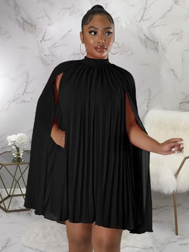 Women’s Casual Cape Sleeve Pleated Split Short Dress Loose Fit Cocktail Party Flowy Dress2