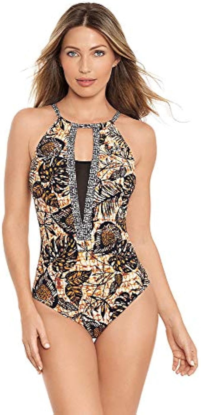 Amoressa Women's Swimwear Dijon Ghost Soft Cup High Neckline Adjustable One Piece Swimsuit